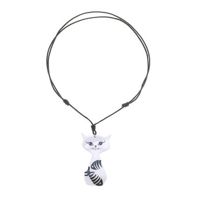 Alternate image for Ceramic Cat Pendant Necklace with Painted Fish Motifs Content Cat