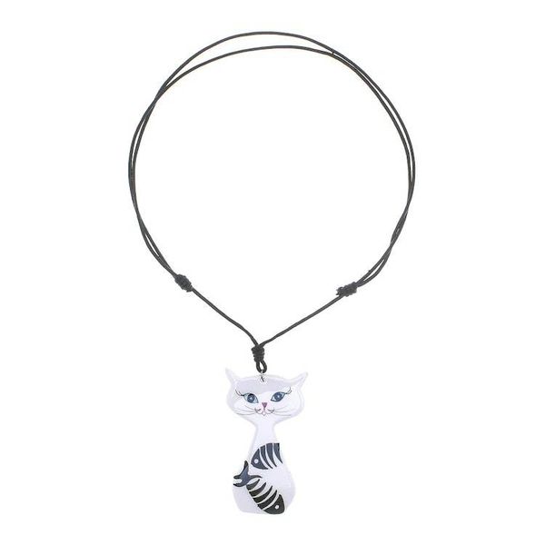 Alternate image for Ceramic Cat Pendant Necklace with Painted Fish Motifs Content Cat