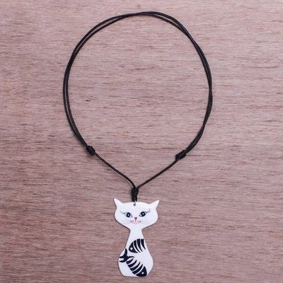 Alternate image for Ceramic Cat Pendant Necklace with Painted Fish Motifs Content Cat