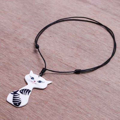 Alternate image for Ceramic Cat Pendant Necklace with Painted Fish Motifs Content Cat