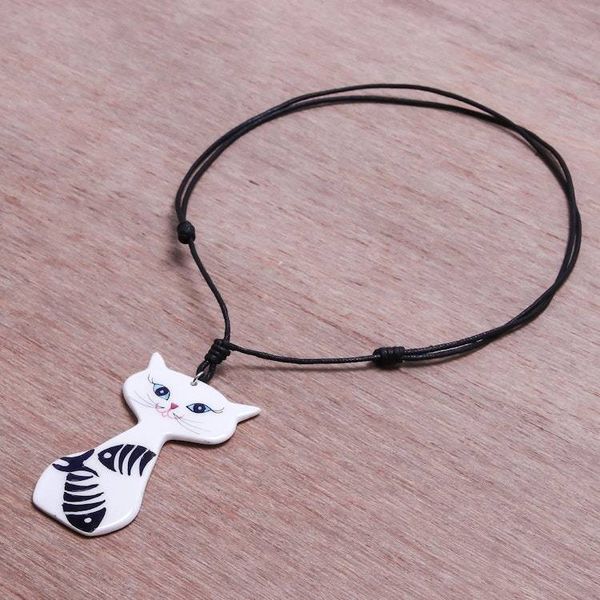 Alternate image for Ceramic Cat Pendant Necklace with Painted Fish Motifs Content Cat