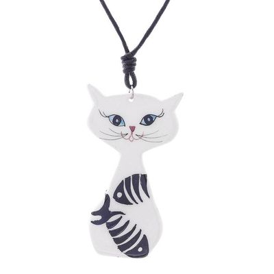Alternate image for Ceramic Cat Pendant Necklace with Painted Fish Motifs Content Cat