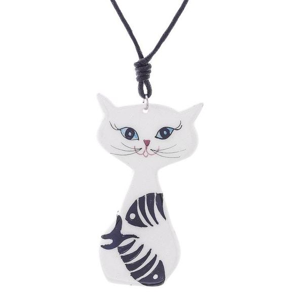 Alternate image for Ceramic Cat Pendant Necklace with Painted Fish Motifs Content Cat