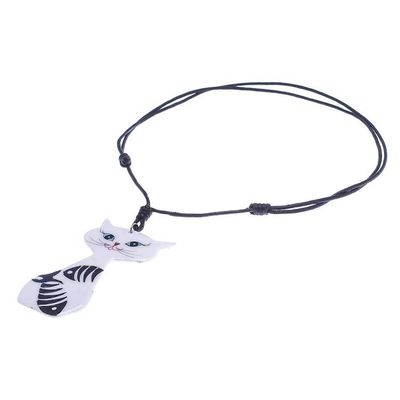Alternate image for Ceramic Cat Pendant Necklace with Painted Fish Motifs Content Cat
