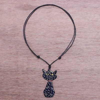 Alternate image for Ceramic Cat Pendant Necklace with Painted Music Motifs Musical Cat