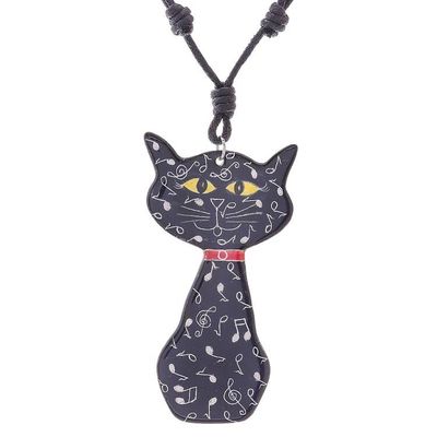 Alternate image for Ceramic Cat Pendant Necklace with Painted Music Motifs Musical Cat