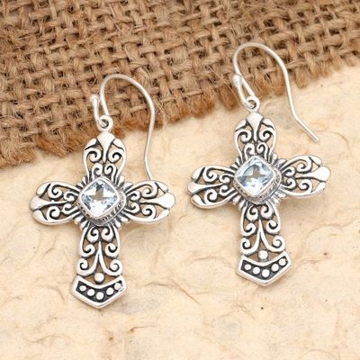Alternate image for Blue Topaz Sterling Silver Cross Dangle Earrings from Bali Cross of Heaven