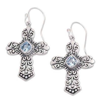 Alternate image for Blue Topaz Sterling Silver Cross Dangle Earrings from Bali Cross of Heaven