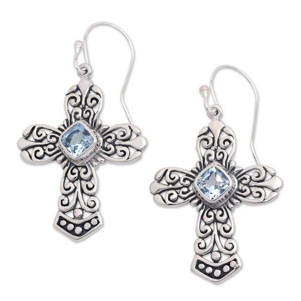 Alternate image for Blue Topaz Sterling Silver Cross Dangle Earrings from Bali Cross of Heaven