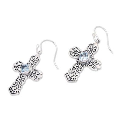 Alternate image for Blue Topaz Sterling Silver Cross Dangle Earrings from Bali Cross of Heaven
