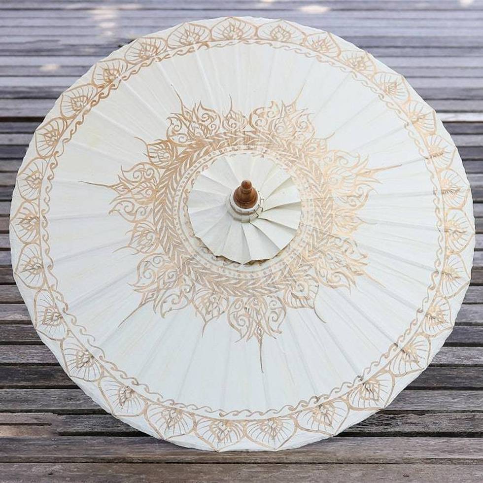 Saa Paper Parasol in White with Gold Accents from Thailand 'Motifs on White'