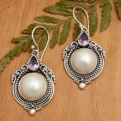 Primary image for Silver Dangle Earrings with Cultured Mabe Pearl Amethyst Alluring Elegance
