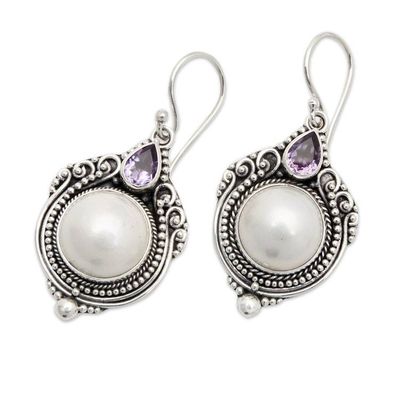 Alternate image for Silver Dangle Earrings with Cultured Mabe Pearl Amethyst Alluring Elegance