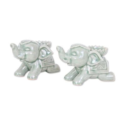 Alternate image for Whimsical Green Elephant-Themed Ceramic Incense Holder Pair Serene Parade