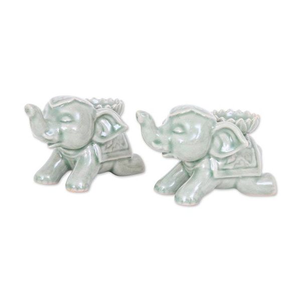 Alternate image for Whimsical Green Elephant-Themed Ceramic Incense Holder Pair Serene Parade