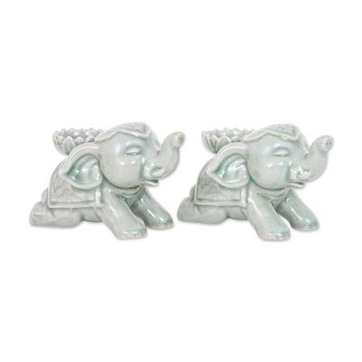 Alternate image for Whimsical Green Elephant-Themed Ceramic Incense Holder Pair Serene Parade