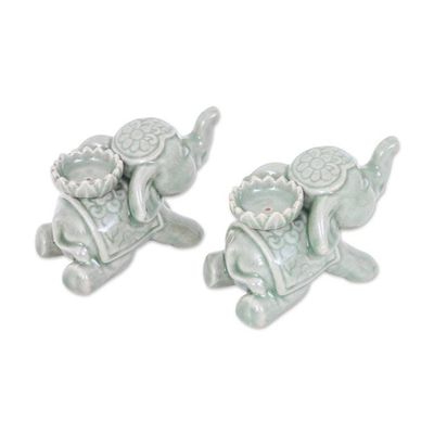 Alternate image for Whimsical Green Elephant-Themed Ceramic Incense Holder Pair Serene Parade