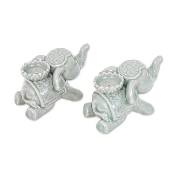 Alternate image for Whimsical Green Elephant-Themed Ceramic Incense Holder Pair Serene Parade