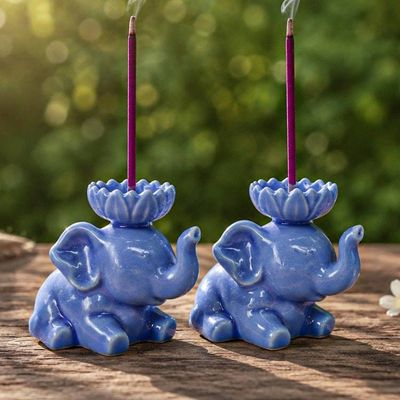 Alternate image for Crackled Ceramic Elephant Incense Holder Pair in Blue Hues Grand Serenity