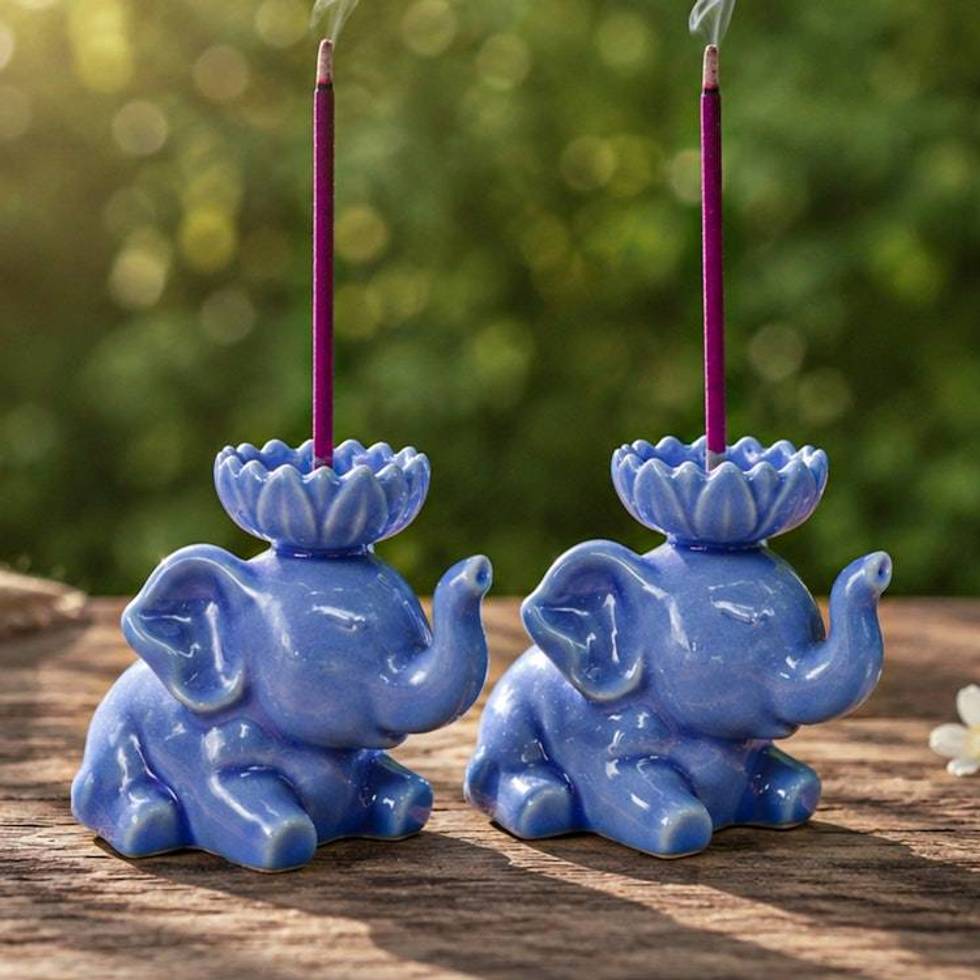 Crackled Ceramic Elephant Incense Holder Pair in Blue Hues 'Grand Serenity'