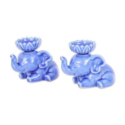 Alternate image for Crackled Ceramic Elephant Incense Holder Pair in Blue Hues Grand Serenity