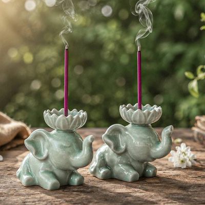 Alternate image for Thai-Made Celadon Ceramic Elephant Incense Holder Pair Grand Peace