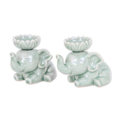 Alternate image for Thai-Made Celadon Ceramic Elephant Incense Holder Pair Grand Peace