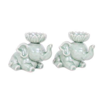 Alternate image for Thai-Made Celadon Ceramic Elephant Incense Holder Pair Grand Peace