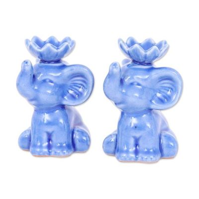 Alternate image for Lotus-Inspired Blue Ceramic Elephant Incense Holder Pair Celestial Trunks