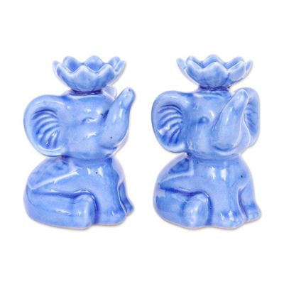 Alternate image for Lotus-Inspired Blue Ceramic Elephant Incense Holder Pair Celestial Trunks