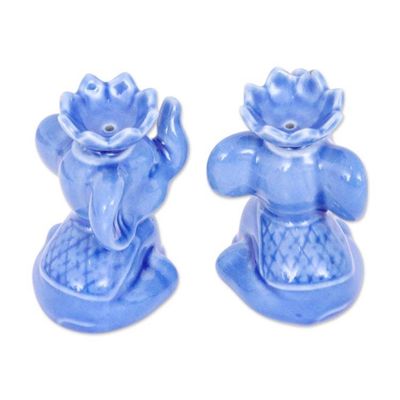 Alternate image for Lotus-Inspired Blue Ceramic Elephant Incense Holder Pair Celestial Trunks