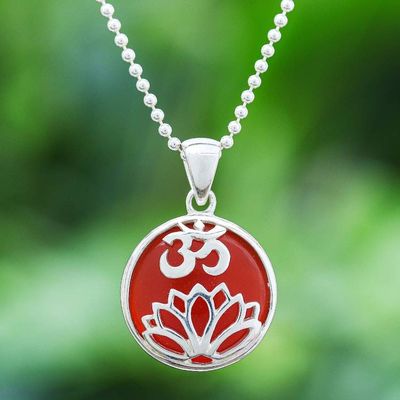Alternate image for Carnelian and Sterling Silver Om Pendant Necklace Spirit of Om in Orange