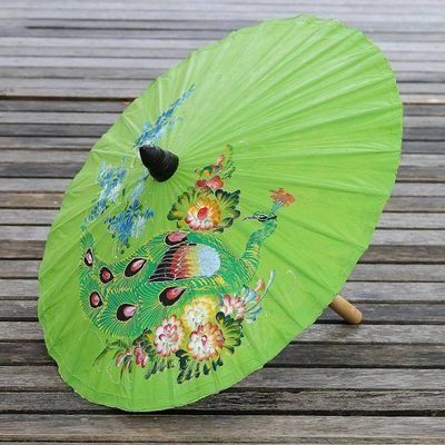 Primary image for Peacock Motif Paper Parasol in Lime from Thailand Sunny Peacock in Lime