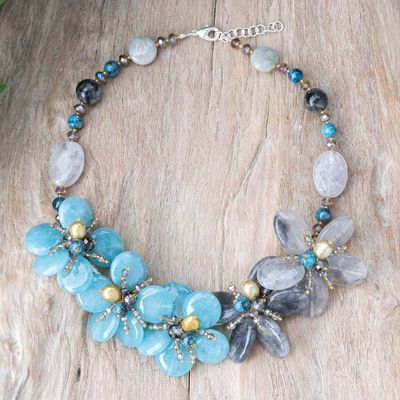 Alternate image for Floral Multi-Gemstone Beaded Statement Necklace in Blue Ice Spring