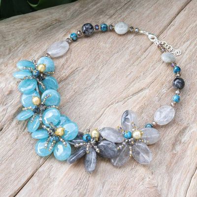 Alternate image for Floral Multi-Gemstone Beaded Statement Necklace in Blue Ice Spring