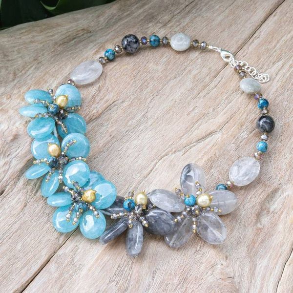 Alternate image for Floral Multi-Gemstone Beaded Statement Necklace in Blue Ice Spring