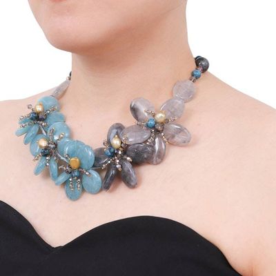 Alternate image for Floral Multi-Gemstone Beaded Statement Necklace in Blue Ice Spring