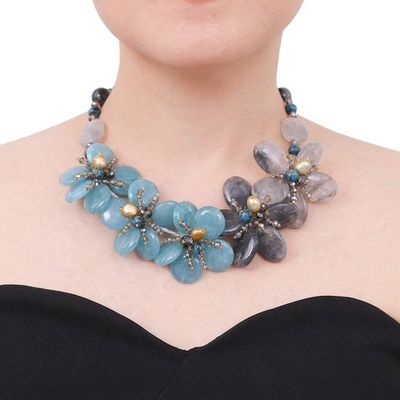 Alternate image for Floral Multi-Gemstone Beaded Statement Necklace in Blue Ice Spring