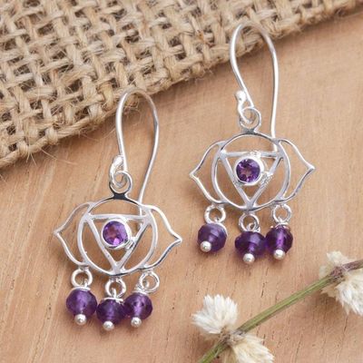 Alternate image for Chakra Themed Sterling Silver and Amethyst Dangle Earrings Purple Gaze