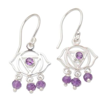 Alternate image for Chakra Themed Sterling Silver and Amethyst Dangle Earrings Purple Gaze