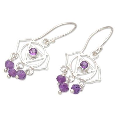 Alternate image for Chakra Themed Sterling Silver and Amethyst Dangle Earrings Purple Gaze