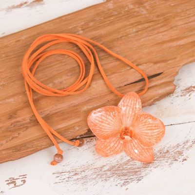 Alternate image for Nature-Themed Orange Orchid Pendant Necklace from Thailand Natural Feeling in Orange
