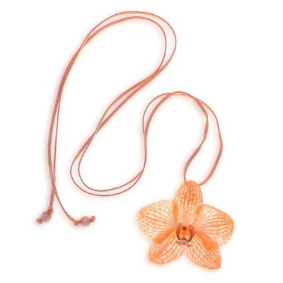 Alternate image for Nature-Themed Orange Orchid Pendant Necklace from Thailand Natural Feeling in Orange