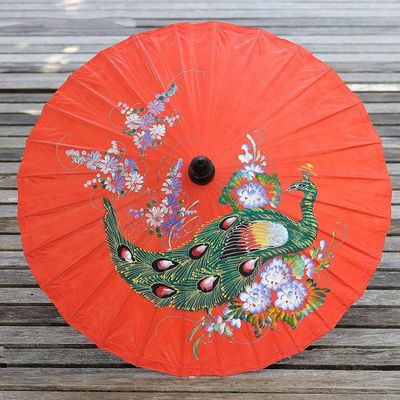 Alternate image for Peacock Motif Paper Parasol in Flame from Thailand Sunny Peacock in Flame