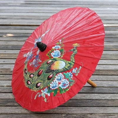 Primary image for Peacock Motif Paper Parasol in Crimson from Thailand Sunny Peacock in Crimson
