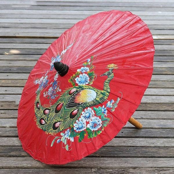 Alternate image for Peacock Motif Paper Parasol in Crimson from Thailand Sunny Peacock in Crimson