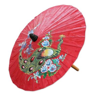 Alternate image for Peacock Motif Paper Parasol in Crimson from Thailand Sunny Peacock in Crimson