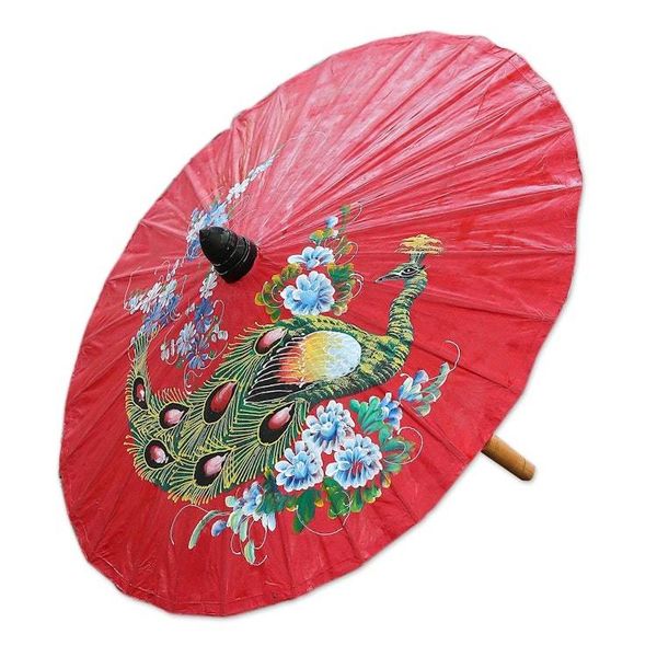 Alternate image for Peacock Motif Paper Parasol in Crimson from Thailand Sunny Peacock in Crimson