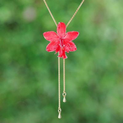 Primary image for Spring-Inspired 22k Gold-Plated Pink Orchid Lariat Necklace Luxurious Pink