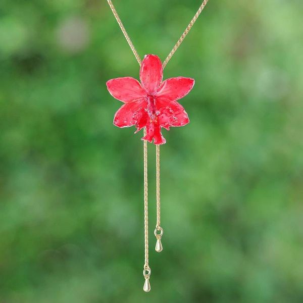 Alternate image for Spring-Inspired 22k Gold-Plated Pink Orchid Lariat Necklace Luxurious Pink